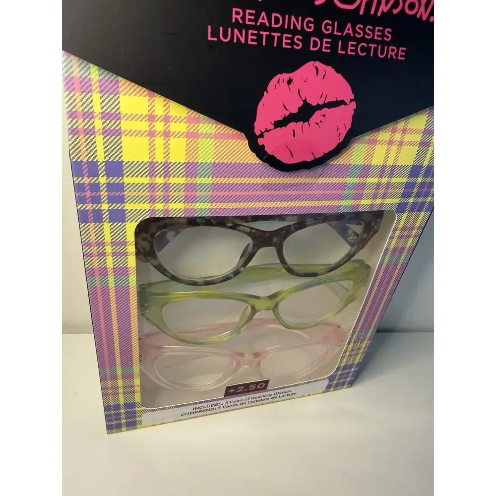 Betsey Johnson Reading Glasses 3 Pack +2.50 Cat Eye Tortoise Green Pink New NIB